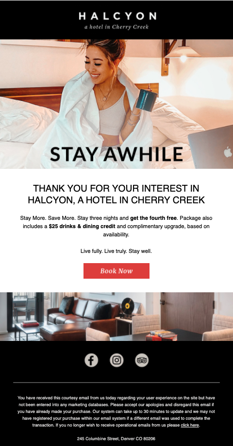 Halcyon Hotel remarketing email reminding customer to complete booking