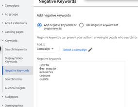 Negative Keywords List in Google Ads