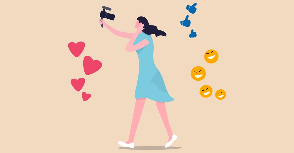 Animation of female influencer with camera surrounded by emojis