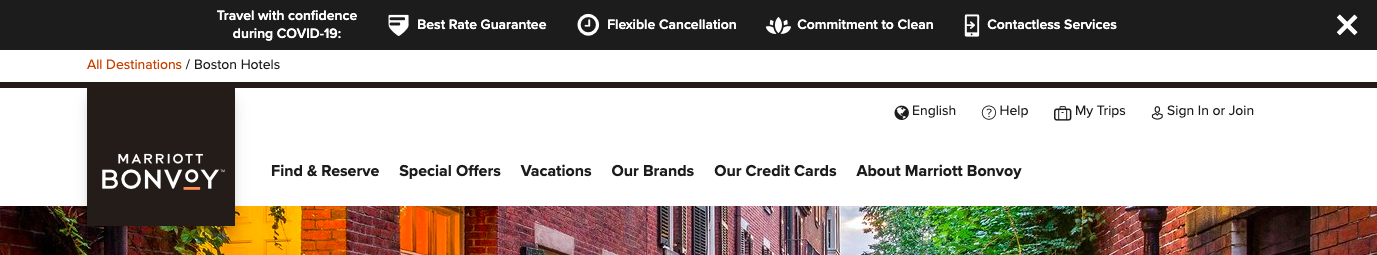 Navigation Bar for Marriott Bonvoy Hotel highlighting COVID 19 safety measures
