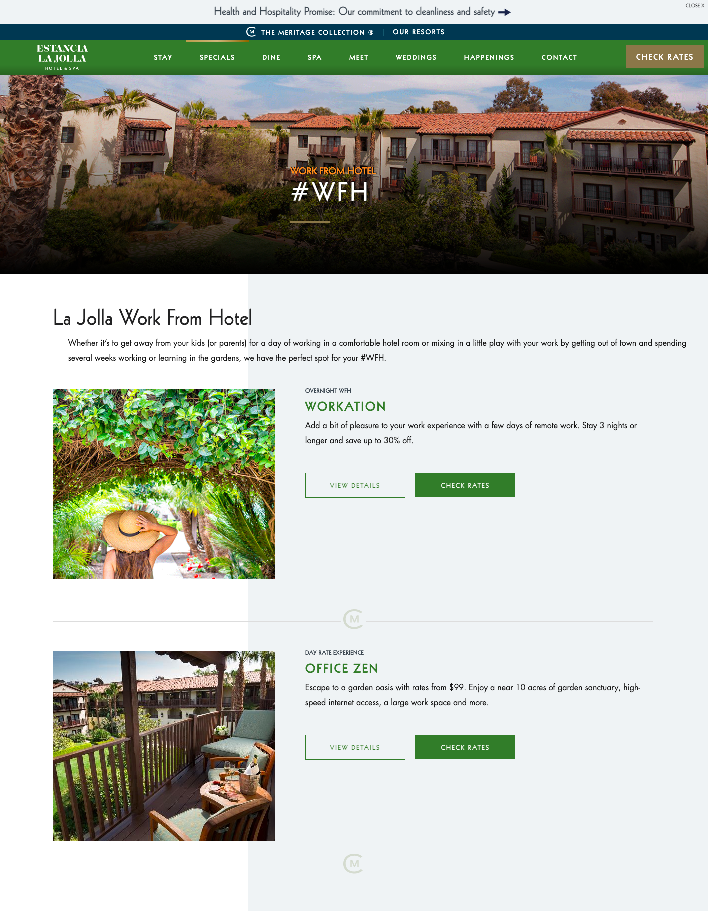 La Jolla Hotel Website promoting work from hotel options and safety measures