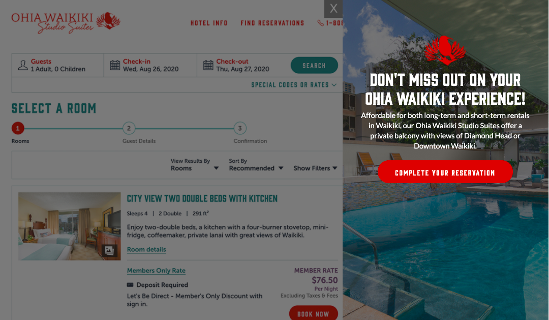 Ohia Waikiki hotel website uses pop up messaging to remind visitors to complete booking